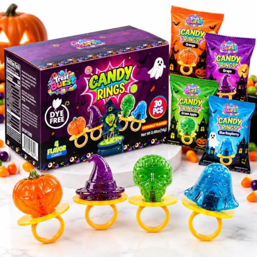 Treat Burst Halloween candy rings in pumpkin, witch hat, skull and ghost shapes